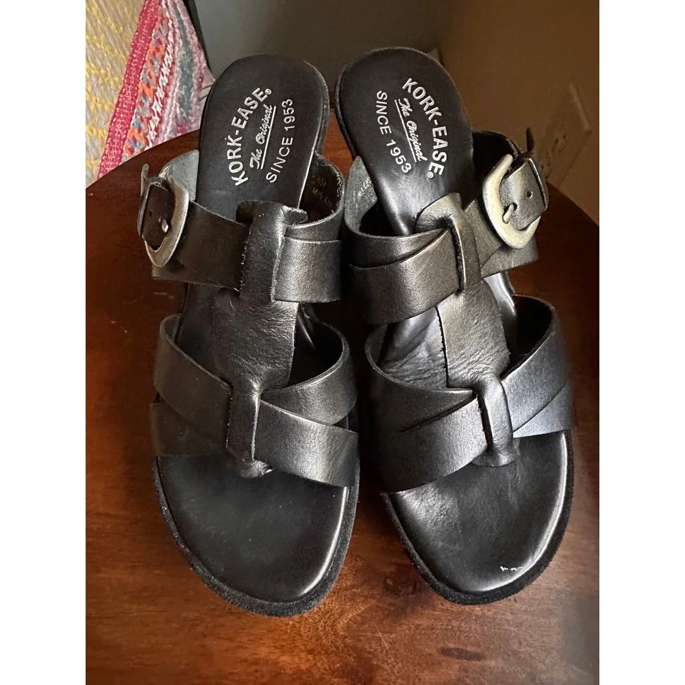 Kork-Ease Black Leather Strappy Platform Block Heel Sandals K3063 Size 8/39